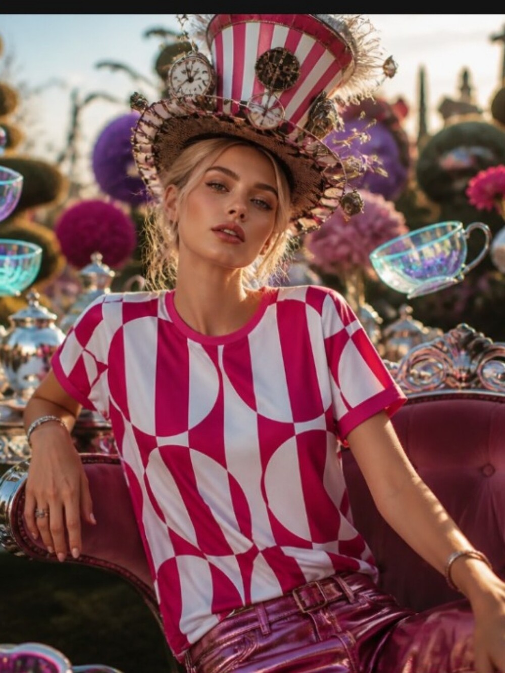 Pink Geometric Short-Sleeve Blouse